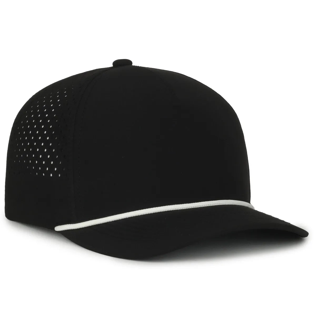 High Crown Performance Cap – Black with White Cord, Mesh Back, UPF 50+