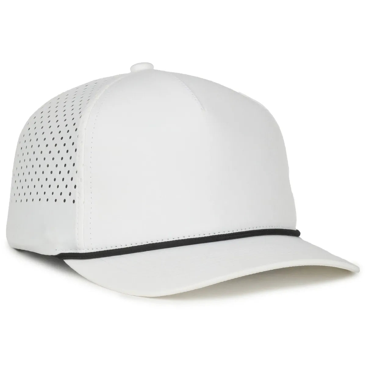 High Crown Performance Cap – White with Black Cord, Mesh Back, UPF 50+
