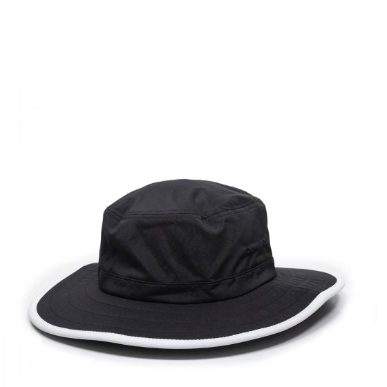 Black and white moisture-wicking boonie hat with drawstring
