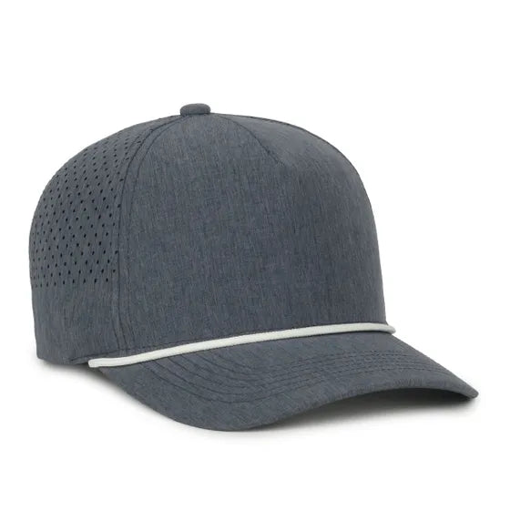 High Crown Performance Cap – Heathered Slate with White Cord, Mesh Back, UPF 50+