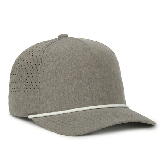High Crown Performance Cap – Heathered Smoke with White Cord, Mesh Back, UPF 50+