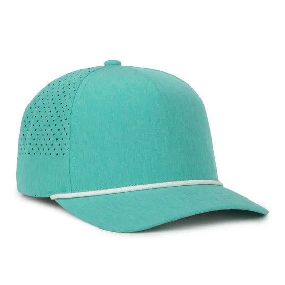 High Crown Performance Cap – Heathered Teal with White Cord, Mesh Back, UPF 50+
