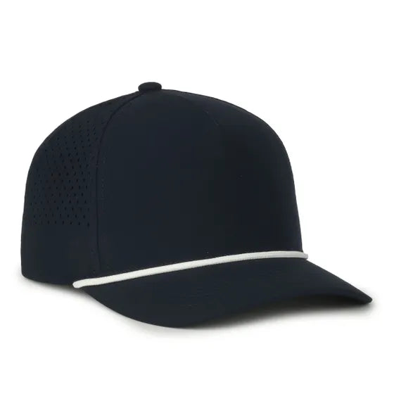 High Crown Performance Cap – Navy Blue with White Cord, Mesh Back, UPF 50+