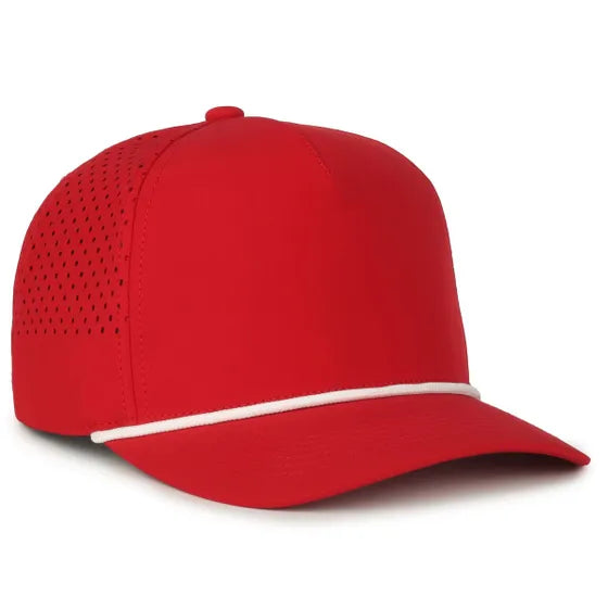 High Crown Performance Cap – Red with White Cord, Mesh Back, UPF 50+