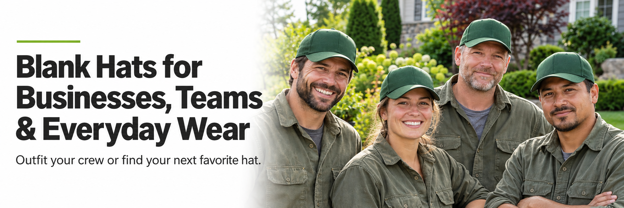Blank hats for businesses, teams and everyday wear. AI-generated landscaping crew wearing matching blank green hats.